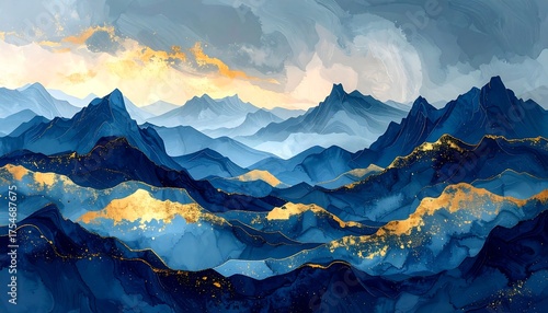 A stylized watercolor landscape painting depicting layers of blue mountain ranges with golden accents, under a cloudy sky
