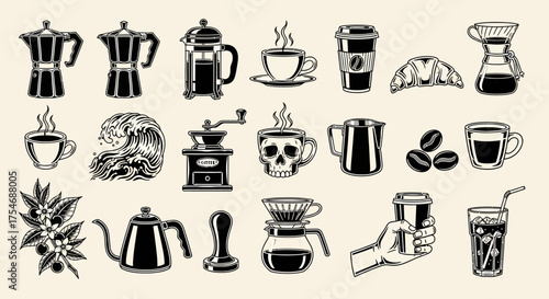 A comprehensive set of hand-drawn vintage coffee icons, featuring various brewing methods, cups, and cafe elements in a classic monochrome style