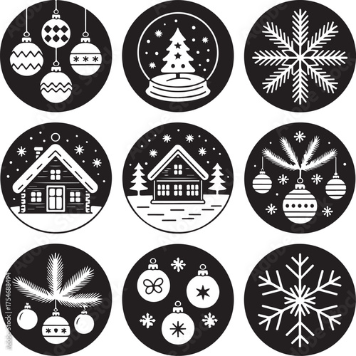 Festive black and white holiday icons Christmas decorations winter scenes