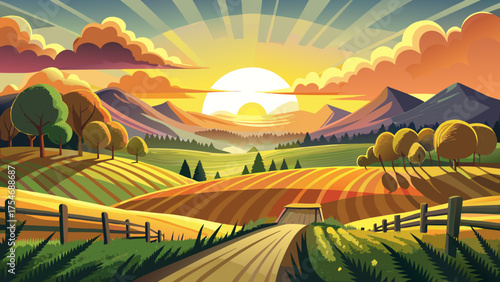 Very beautiful golden sunrise over a peaceful field in North Carolina, where soft morning light touches tall grasses and mist rises gently, creating a calm countryside atmosphere.