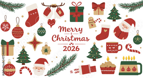 Colorful flat vector illustration featuring Christmas 2026 greeting with Santa Claus, gifts, Christmas trees, ornaments, candy canes, socks, candles, and festive decorations. 