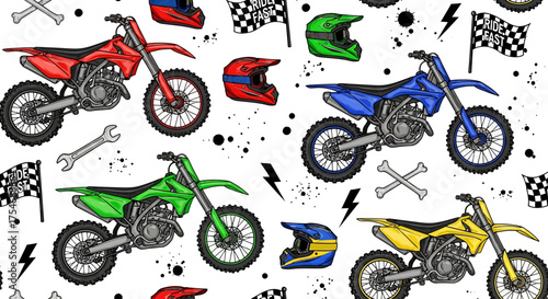 Extreme motocross racing seamless background with colorful motorcycles. Hand-drawn dirt bikes, helmets, and tools for graphic design