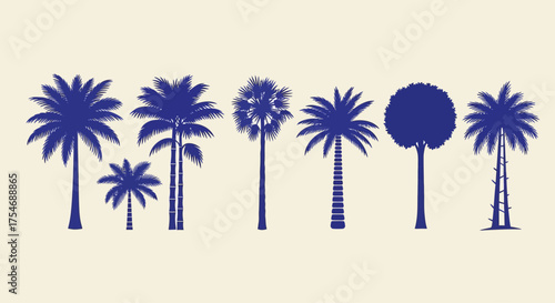 A diverse collection of various tropical palm tree silhouettes, isolated vector icons for summer and vacation designs