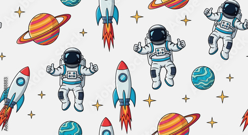 Cute seamless pattern featuring cartoon astronauts, rockets, and planets. Vector background for a children's cosmic adventure theme