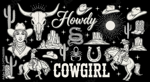 Stylized wild west rodeo symbols set featuring a cowgirl portrait, longhorn skull, cactus, and horse rider illustrations