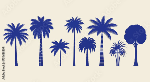 A diverse collection of blue palm tree silhouettes, isolated vector icons for tropical and summer design concepts