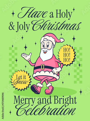 Christmas Groovy Santa Claus Retro Characters Poster. Cartoon Xmas Comic Illustration Card with Modern Typography. Vector Winter Holiday Mascot Template Background. Happy Vintage Cool Drawing Isolated