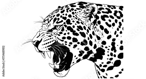 Jaguar head with open mouth, black and white vector