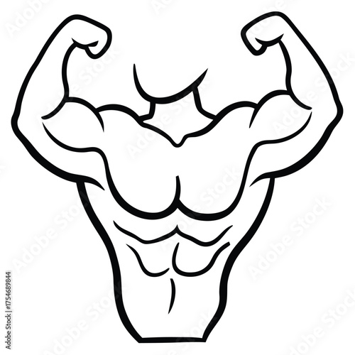 Stylized black and white illustration of a muscular bodybuilder flexing biceps and showing defined abdominal muscles