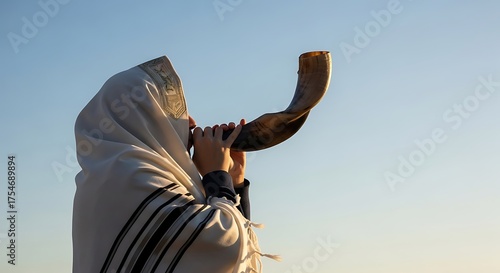 Person blowing a shofar wearing a tallit against a clear sky prayer
