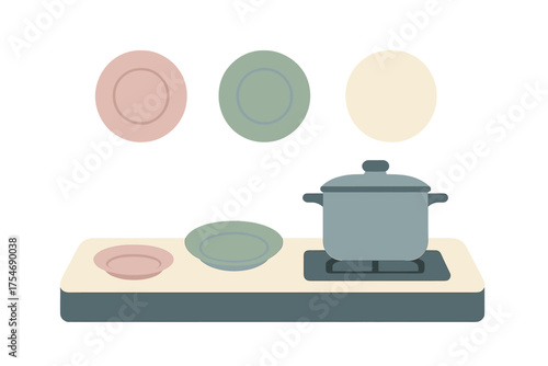 Muted color kitchen scene with plates and a cooking pot on a modern stovetop counter