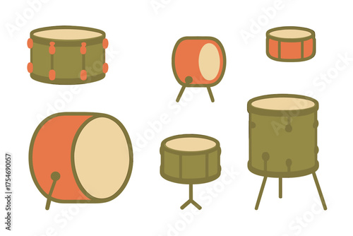 Stylized musical percussion instruments assortment featuring drums and tom-toms in retro colors