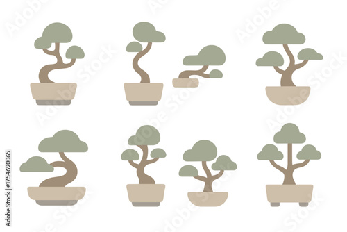 Set of various potted bonsai trees in a minimalist flat design style with earthy colors