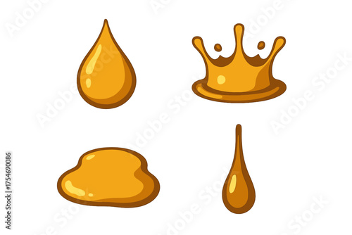 Collection of golden liquid drops, flowing splash, and thick puddle shapes