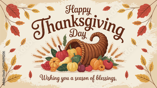 happy thanksgiving day greeting card with cornucopia, pumpkins, harvest fruits, autumn leaves, rustic background, seasonal celebration design