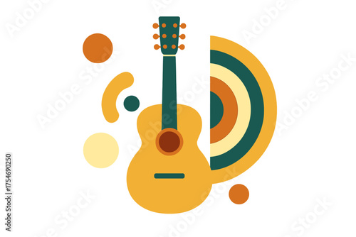 Classic acoustic guitar centered among colorful abstract circles and arcs in a vintage aesthetic