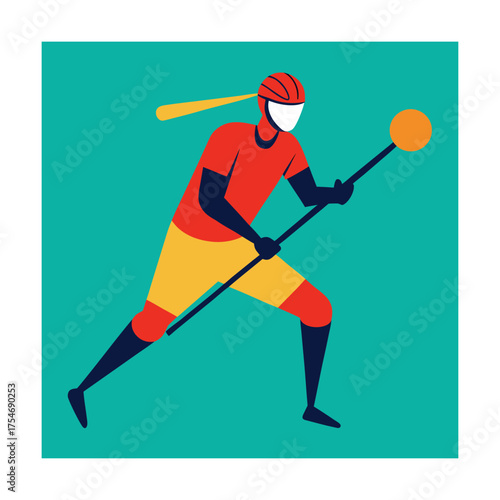 Lacrosse Player in Motion with Stick and Ball Keywords: lacrosse, player, sport, athlete, stick