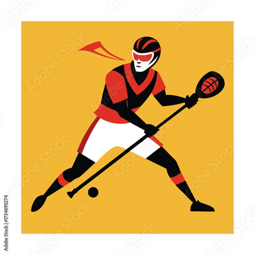 Lacrosse player in red and black uniform with stick and ball