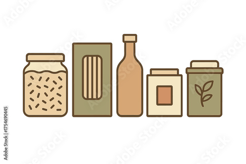 Minimalist food storage containers and grocery items in muted earthy colors