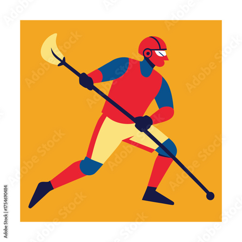 Lacrosse player in red and blue uniform with stick
