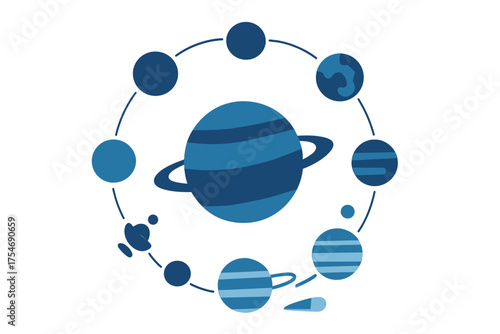 Blue stylized planet with rings and smaller orbiting spheres in a cosmic circular arrangement