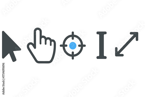 Essential computer interface cursors set: pointer, hand, target, text, and resize tools
