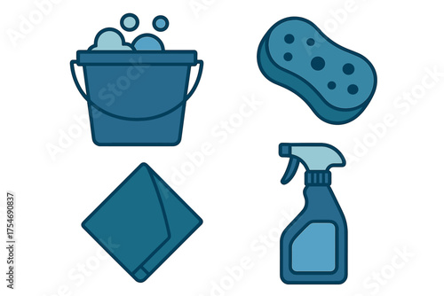 Set of four essential cleaning icons featuring a soapy bucket, sponge, microfiber cloth, and spray bottle