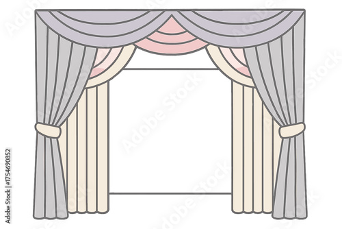 Elegant window treatment with layered drapes and decorative swags in soft pastel colors