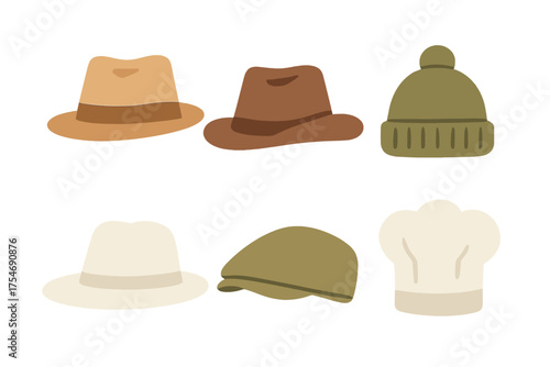 Collection of six different hats and caps including fedora, beanie, toque, and flat cap
