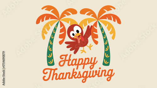 happy thanksgiving cartoon turkey with palm trees, tropical autumn leaves, cheerful expression, festive design for warm climate celebration