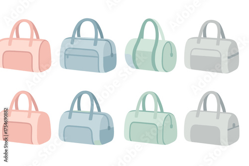 Eight pastel-colored duffel bags for gym, travel, or sports activities