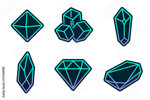 Six neon glowing geometric crystal and diamond shapes isolated on white