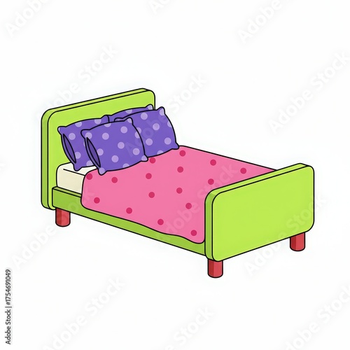 Cozy cartoon bed with vibrant pink bedding and purple polka dot pillows isolated on white