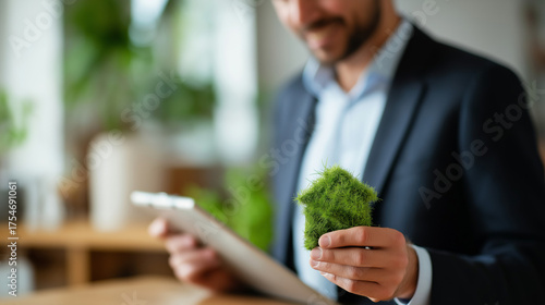 Energy efficiency improvement crop below eyes background softly defocused eco friendly homes businessman assessing energy rating green building energy performance with copy