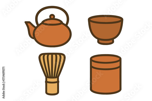 Traditional Japanese tea ceremony utensils set including teapot bowl whisk and caddy