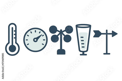 Set of weather instruments including thermometer, barometer, anemometer, rain gauge, and wind vane icons
