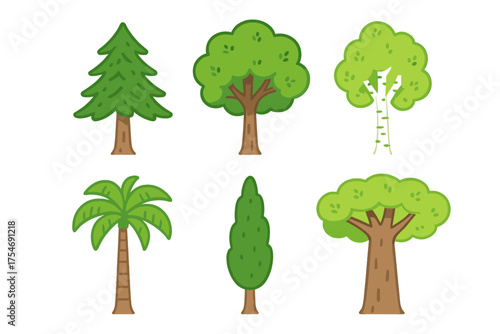 Set of six stylized cartoon trees including pine, palm, and broadleaf species
