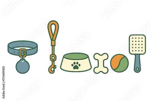 Collection of essential pet care accessories and supplies for domestic dogs