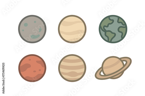 Minimalist flat icons of celestial bodies Earth Mars Jupiter and Saturn