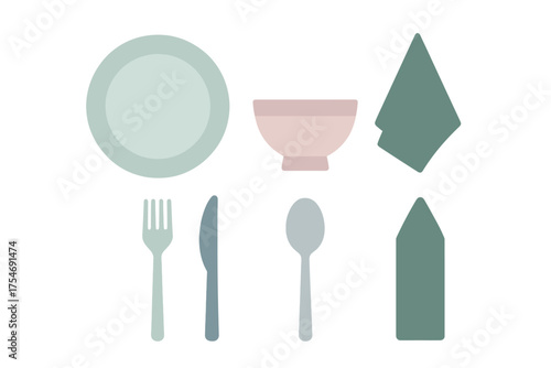 Minimalist set of dining tableware including plate bowl cutlery and napkins in soft pastel colors