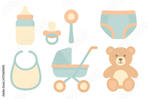 Set of essential newborn baby care accessories including bottle pacifier diaper and stroller
