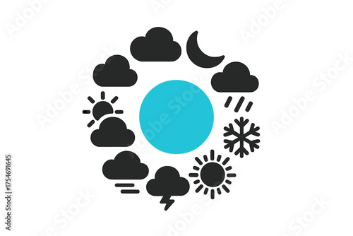Circular set of black weather icons showing sun, clouds, rain, snow, and lightning