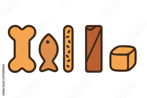 Collection of various dog and cat snacks featuring bone, fish, stick, and cube shapes