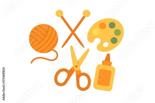 Variety of crafting and art supplies including yarn, knitting needles, paint palette, scissors, and glue