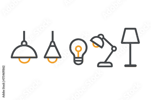 Outline icons set featuring various home and office lighting fixtures and an electric bulb