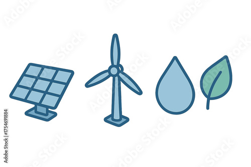Symbols of renewable energy sources including solar panel wind turbine water drop and green leaf