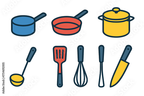 Vibrant collection of essential kitchen cooking utensils and equipment set