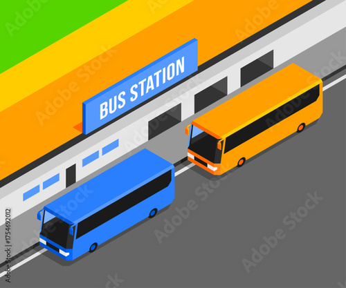 isometric 2 buses that are parked at the bus station. building station public transport tourists and ticket office