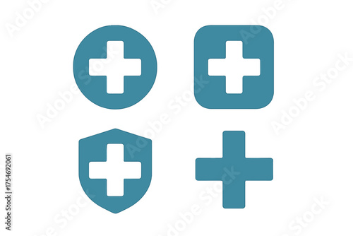 Four medical cross symbols for health, first aid, safety, and emergency services