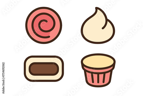 Stylized collection of sweet treats and confectionery items in simple graphic style